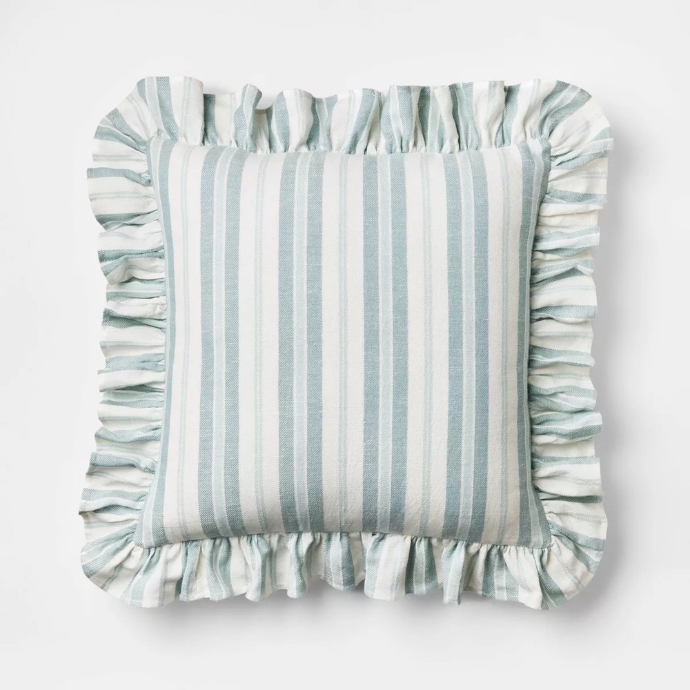 NWOT Square Woven Stripe Throw Pillow with Ruffle Blue/Ivory - Threshold